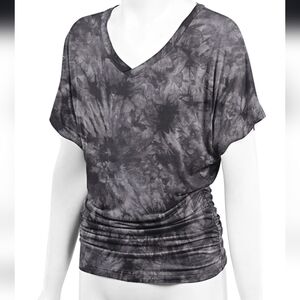 Lock & Love Short Dolman Sleeve Gray & Black Tie Dye Tunic Top